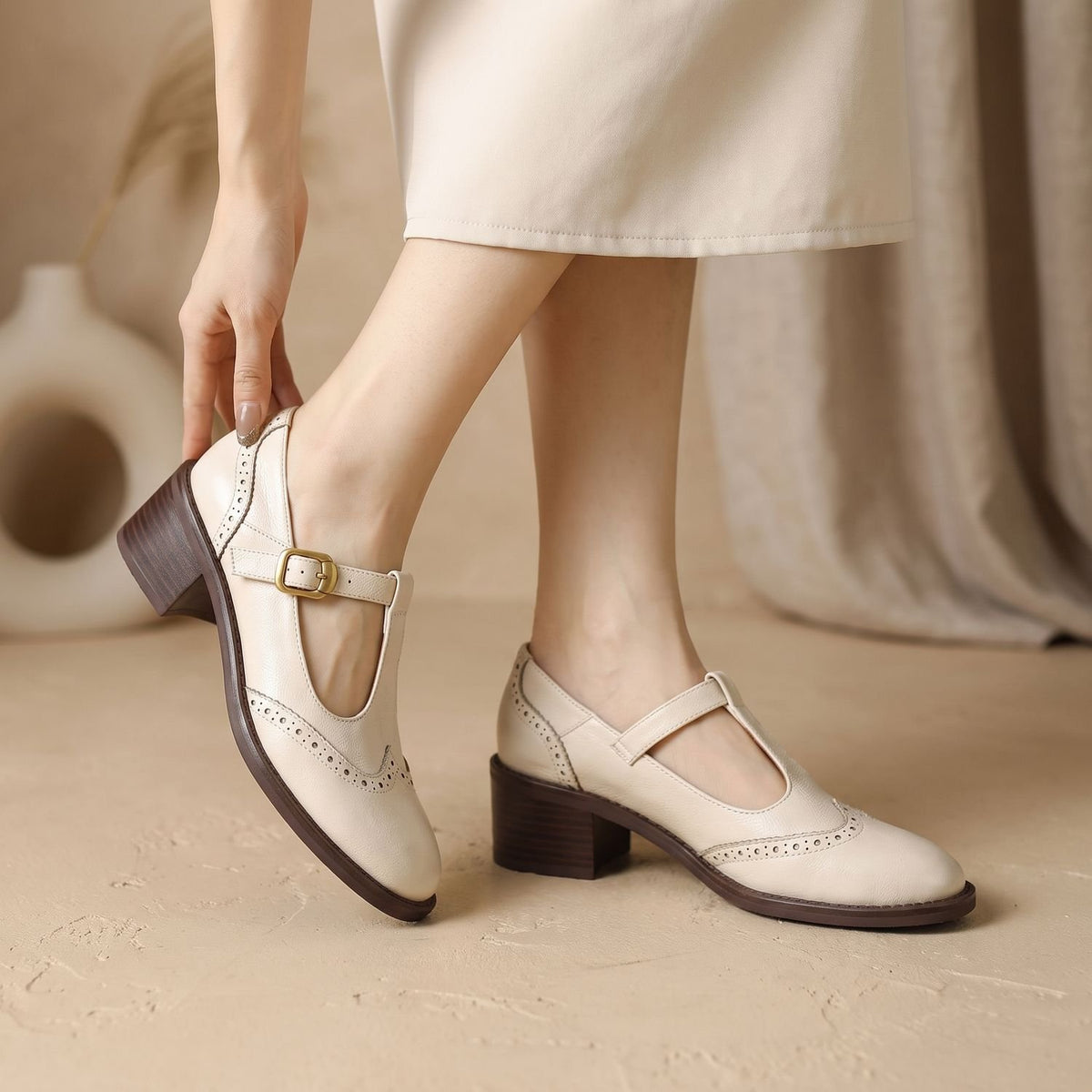 Women's Brogue T-Bar Mary Jane Shoes Low Block Heel