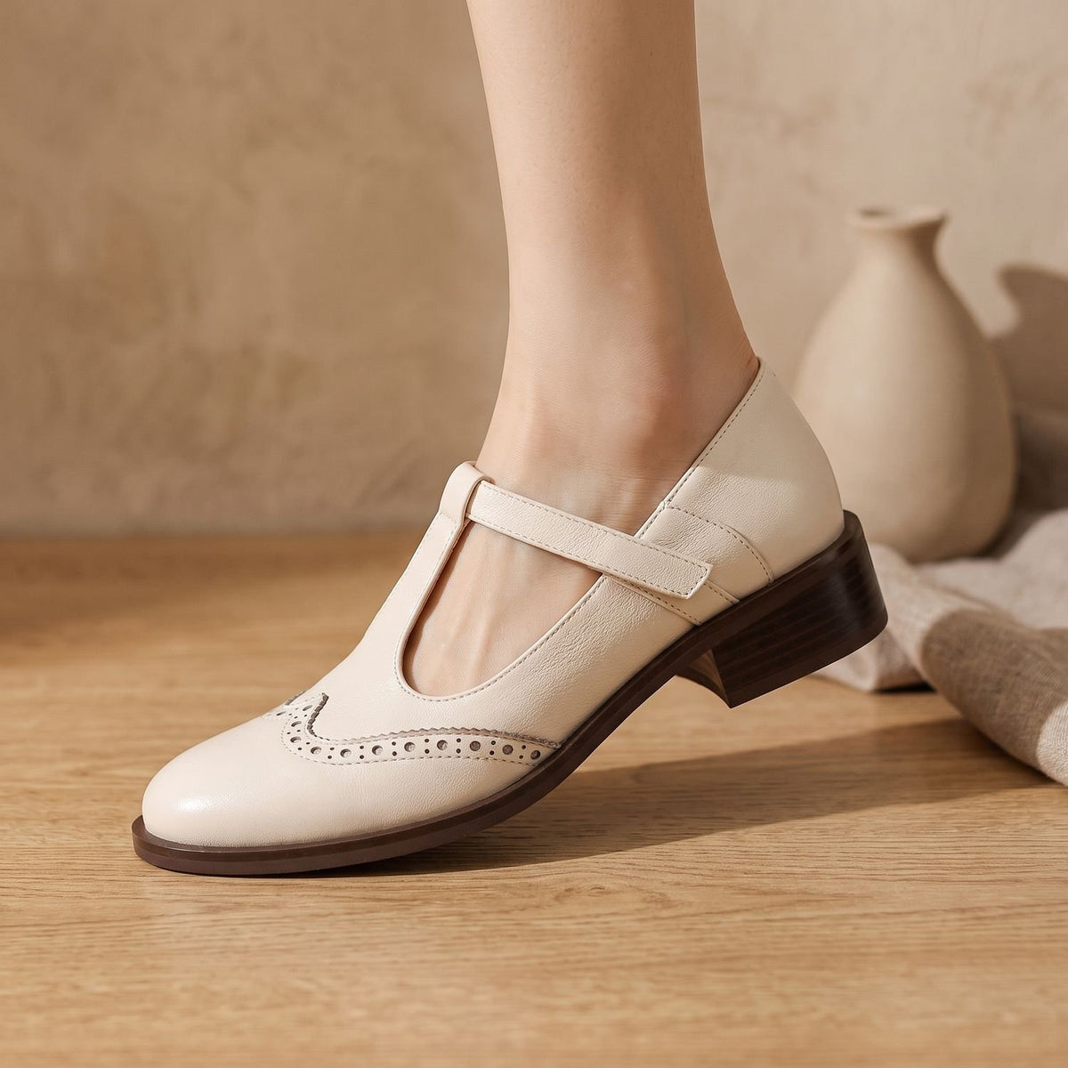 Women's Brogue T-Bar Mary Jane Shoes Low Block Heel