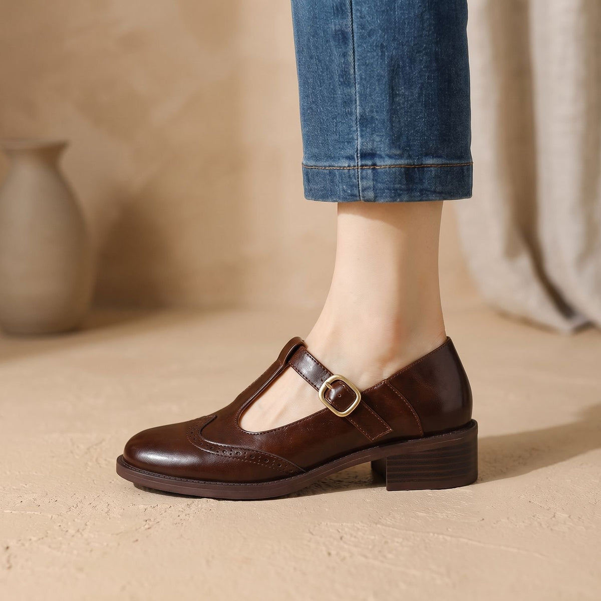 Women's Brogue T-Bar Mary Jane Shoes Low Block Heel