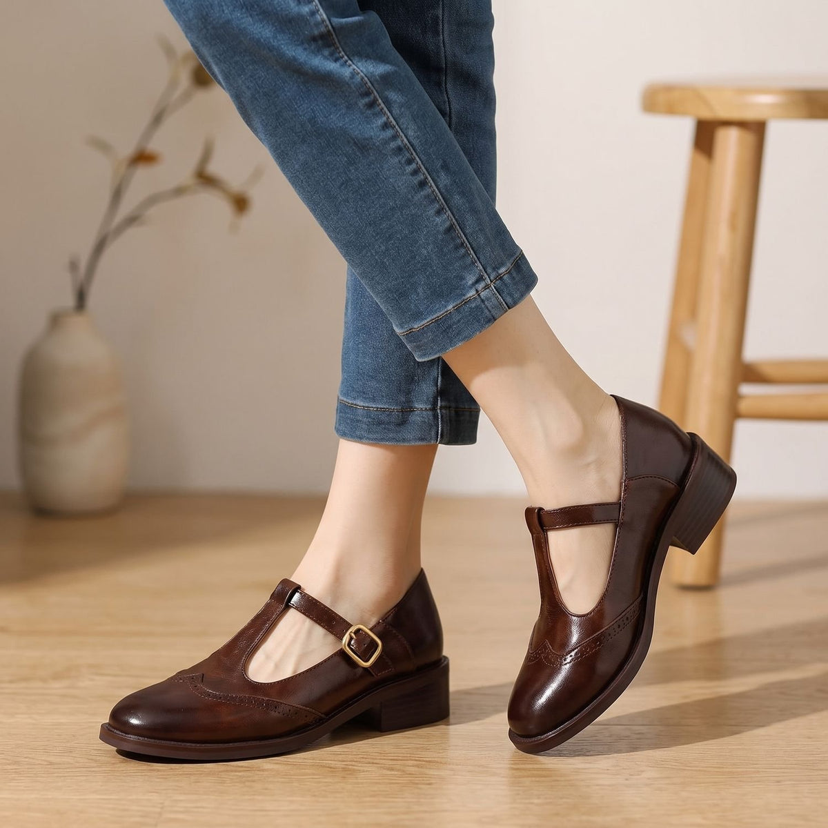 Women's Brogue T-Bar Mary Jane Shoes Low Block Heel - Brown