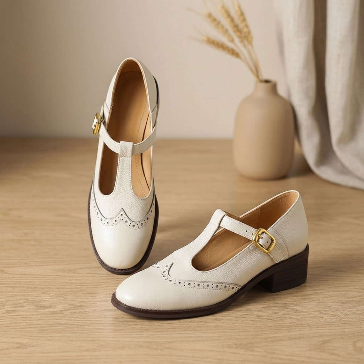 Women's Brogue T-Bar Mary Jane Shoes Low Block Heel
