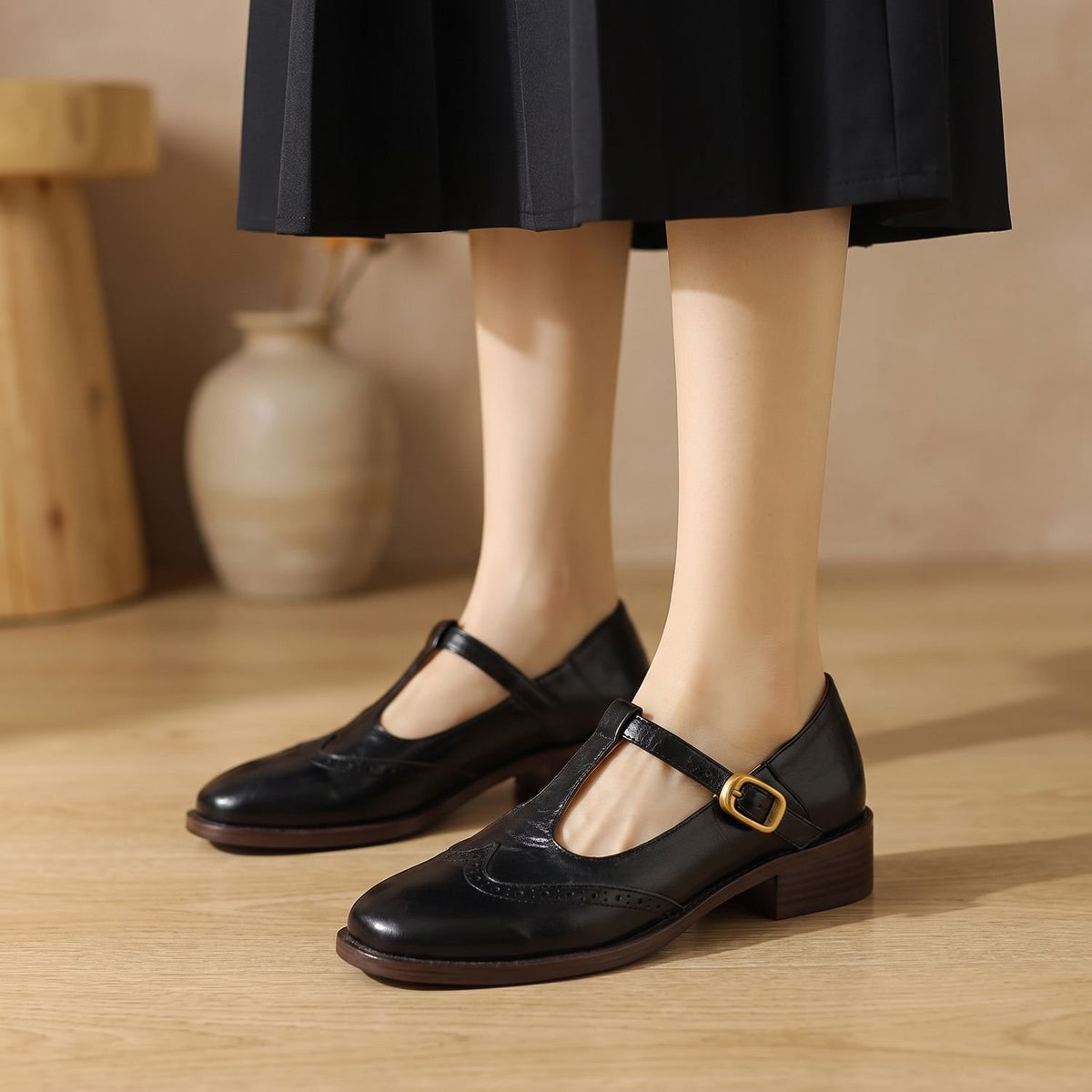 Women's Brogue T-Bar Mary Jane Shoes Low Block Heel