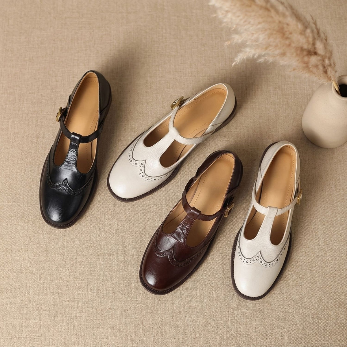 Women's Brogue T-Bar Mary Jane Shoes Low Block Heel