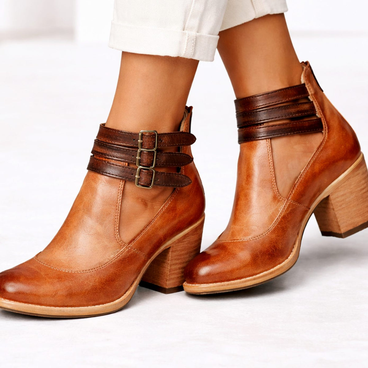 Women's Brown Block-Heel Triple-Buckle Leather Ankle Boots - Brown
