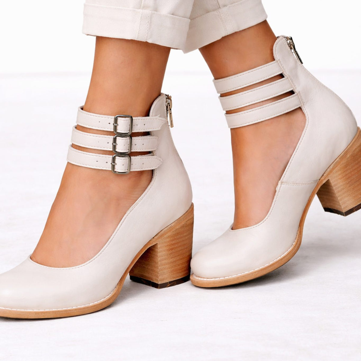 Women's Brown Block-Heel Triple-Buckle Leather Ankle Boots - White