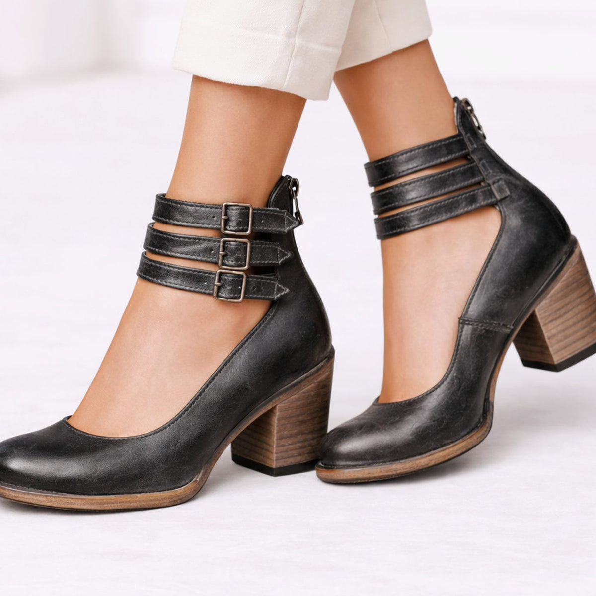 Women's Brown Block-Heel Triple-Buckle Leather Ankle Boots - Black