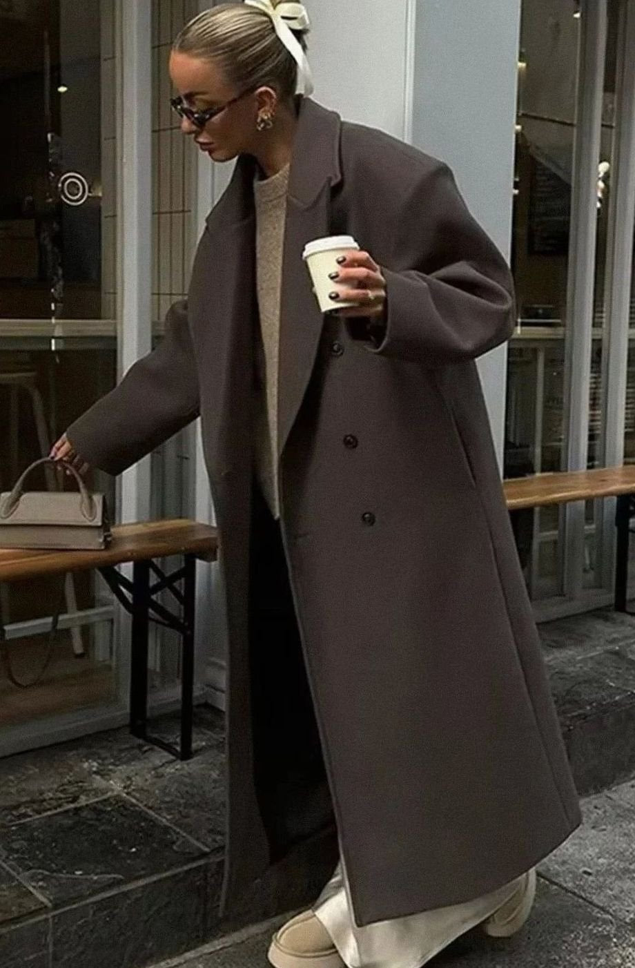 Women's Brown Oversized Double-Breasted Longline Coat - Brown