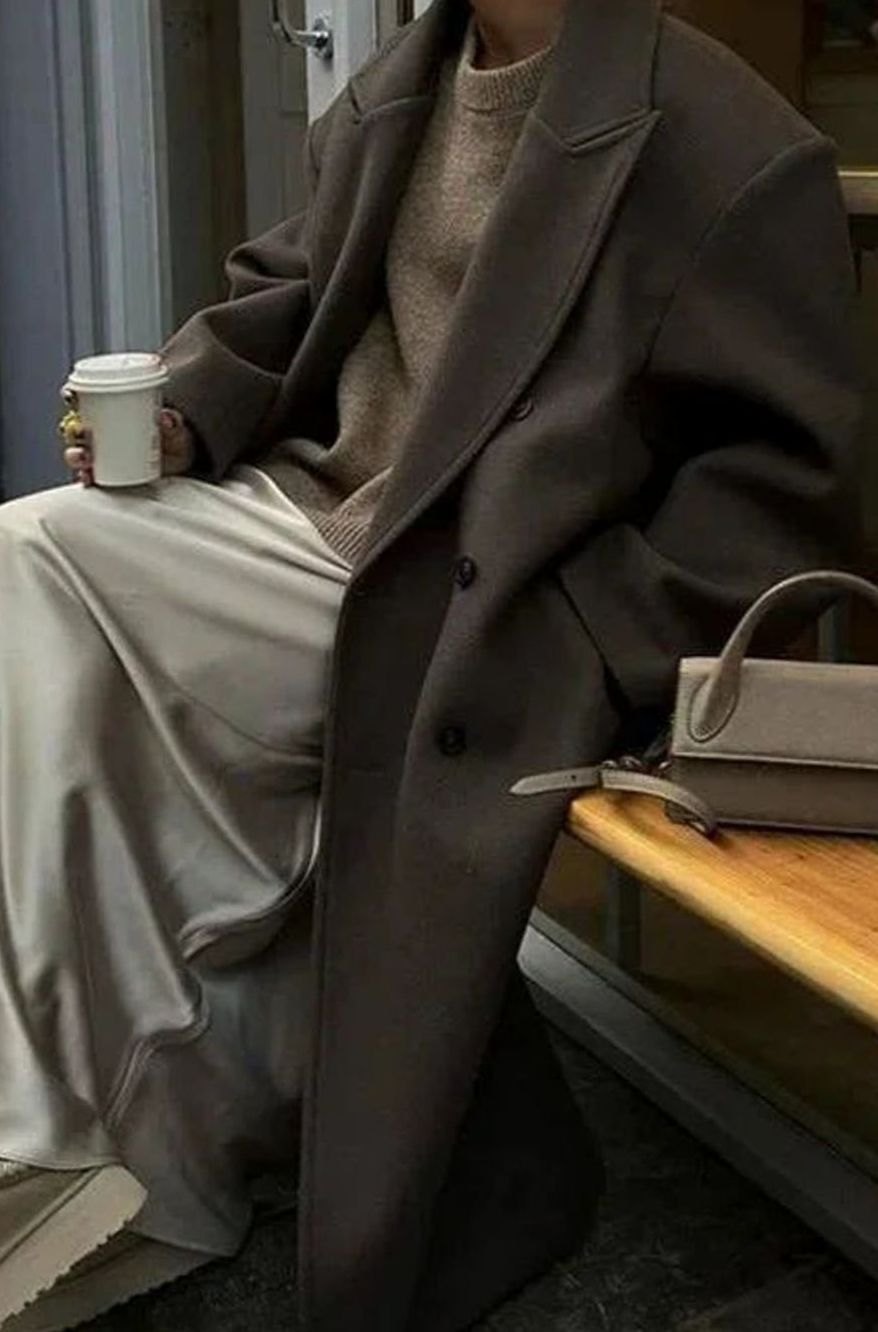 Women's Brown Oversized Double-Breasted Longline Coat