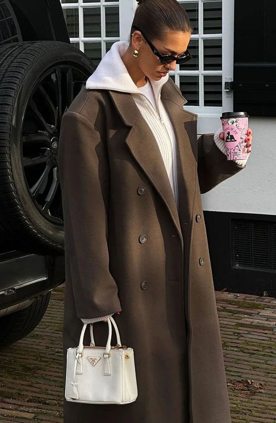 Women's Brown Oversized Double-Breasted Longline Coat
