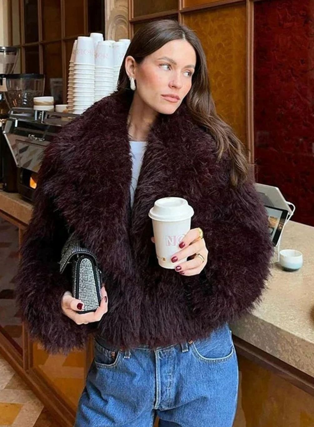 Women's Burgundy Faux Fur Oversized-Collar Fluffy Jacket - Burgundy