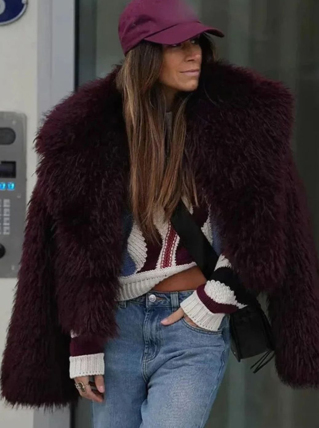 Women's Burgundy Faux Fur Oversized-Collar Fluffy Jacket