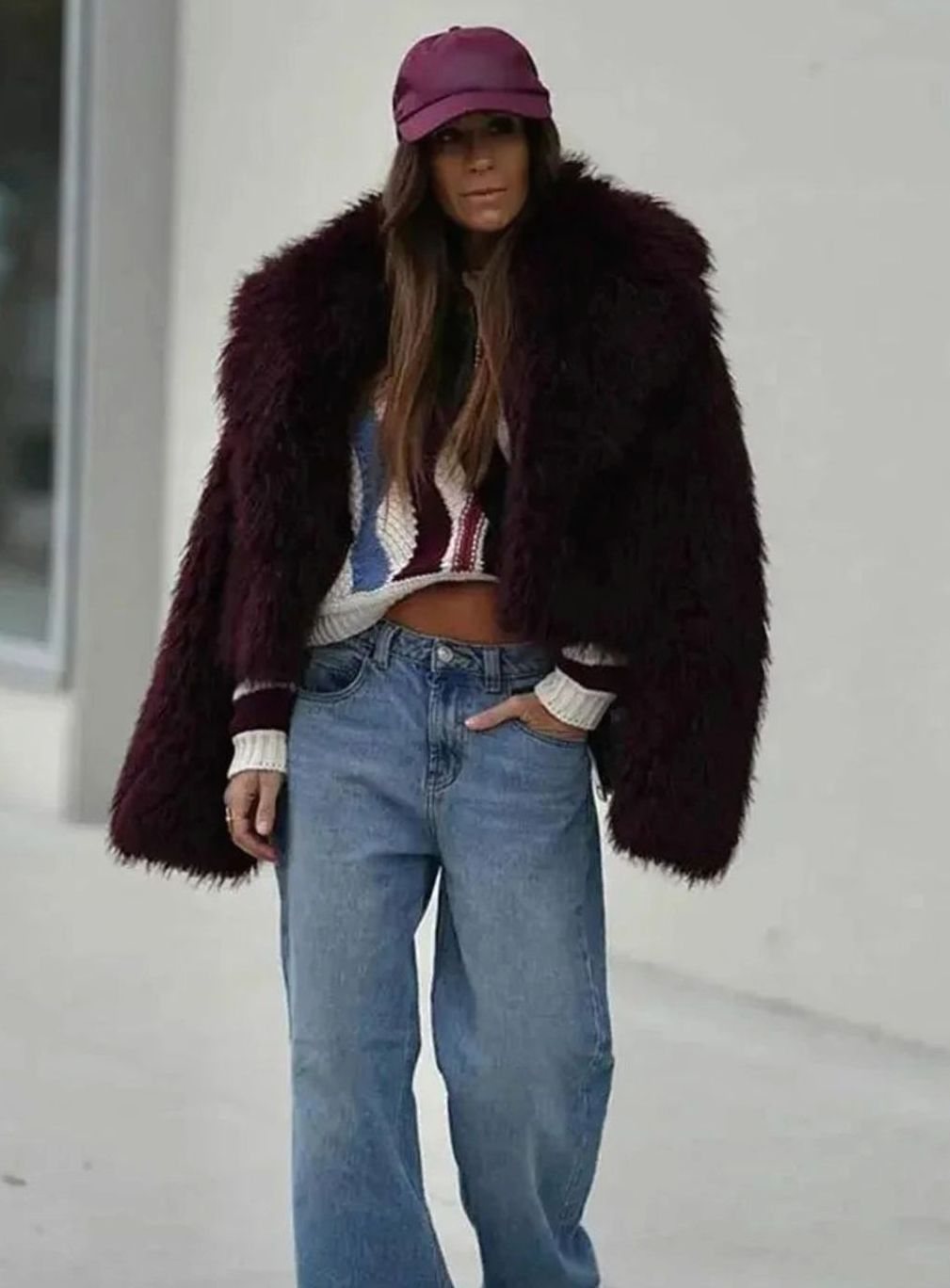 Women's Burgundy Faux Fur Oversized-Collar Fluffy Jacket