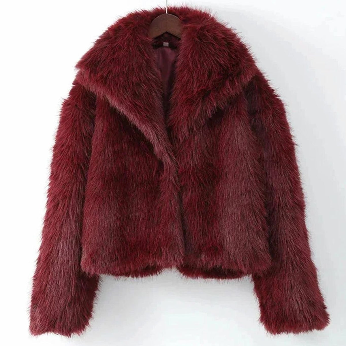 Women's Burgundy Faux Fur Oversized-Collar Fluffy Jacket