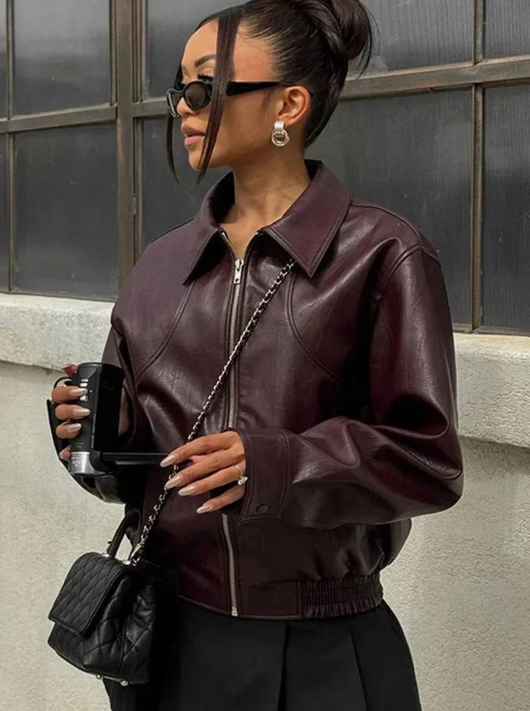 Women's Burgundy Faux Leather Zip-Up Bomber Jacket - Burgundy