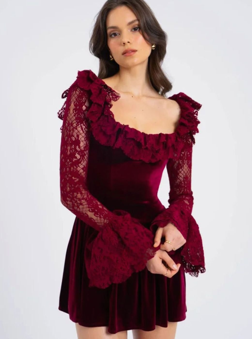 Women's Burgundy Velvet Lace-Sleeve Drop-Waist Mini Dress
