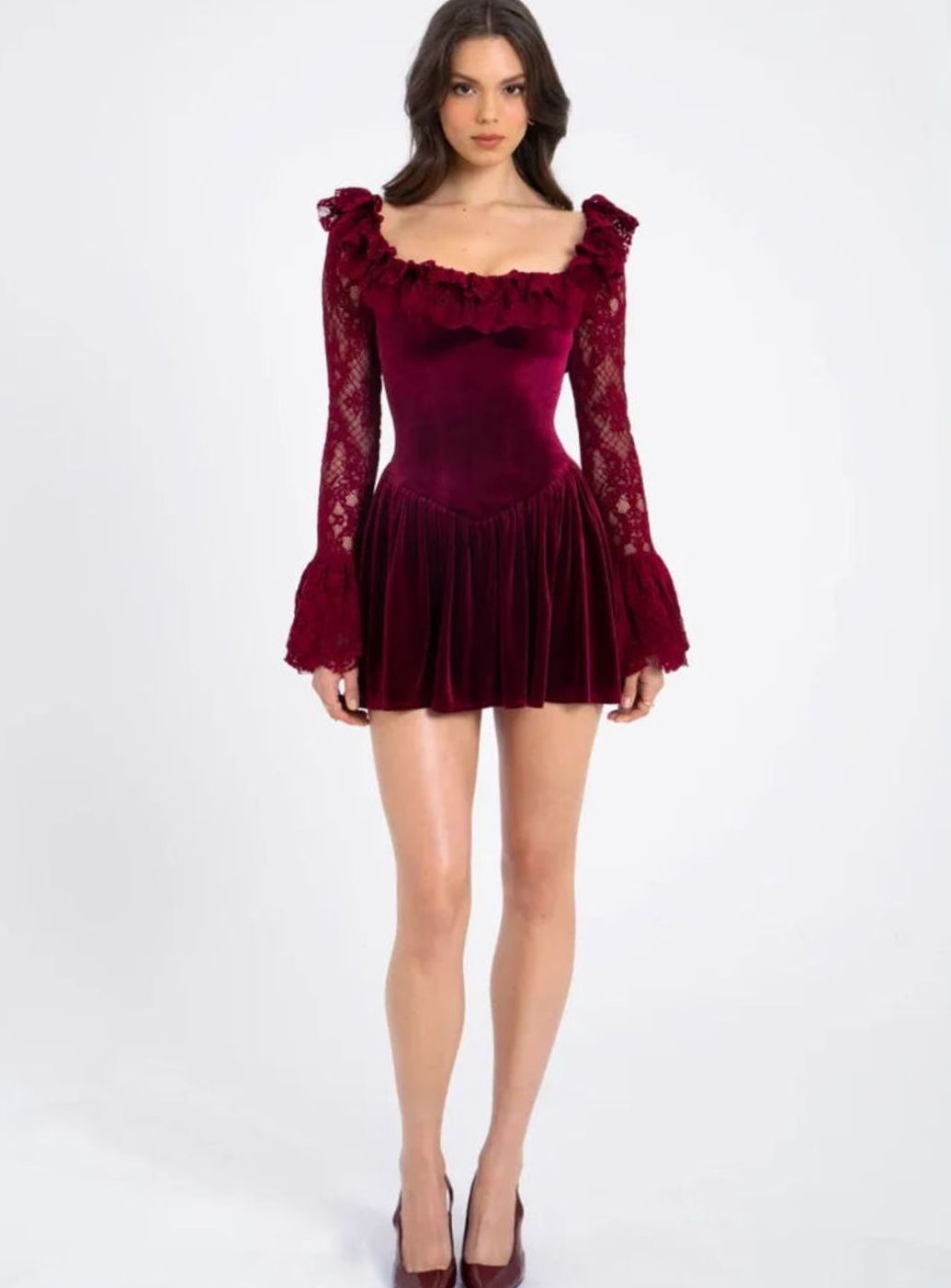 Women's Burgundy Velvet Lace-Sleeve Drop-Waist Mini Dress