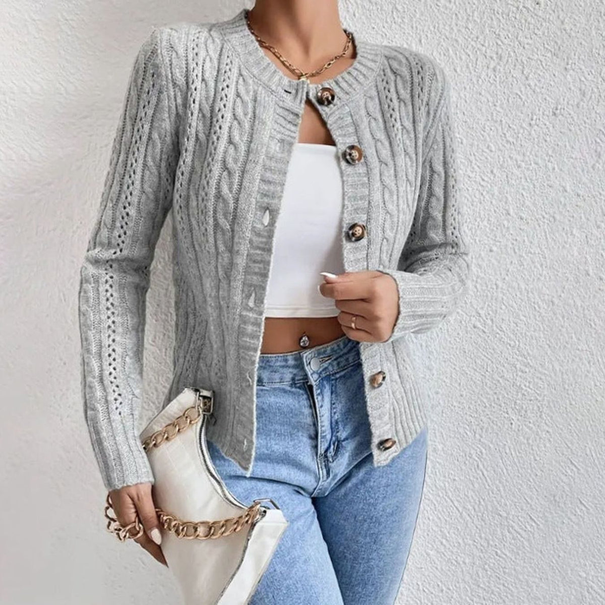 Women's Cable Knit Button-Front Cropped Cardigan - Grey