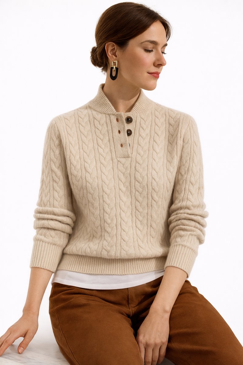 Women's Cable Knit Button-Neck Wool Blend Pullover Sweater - Khaki