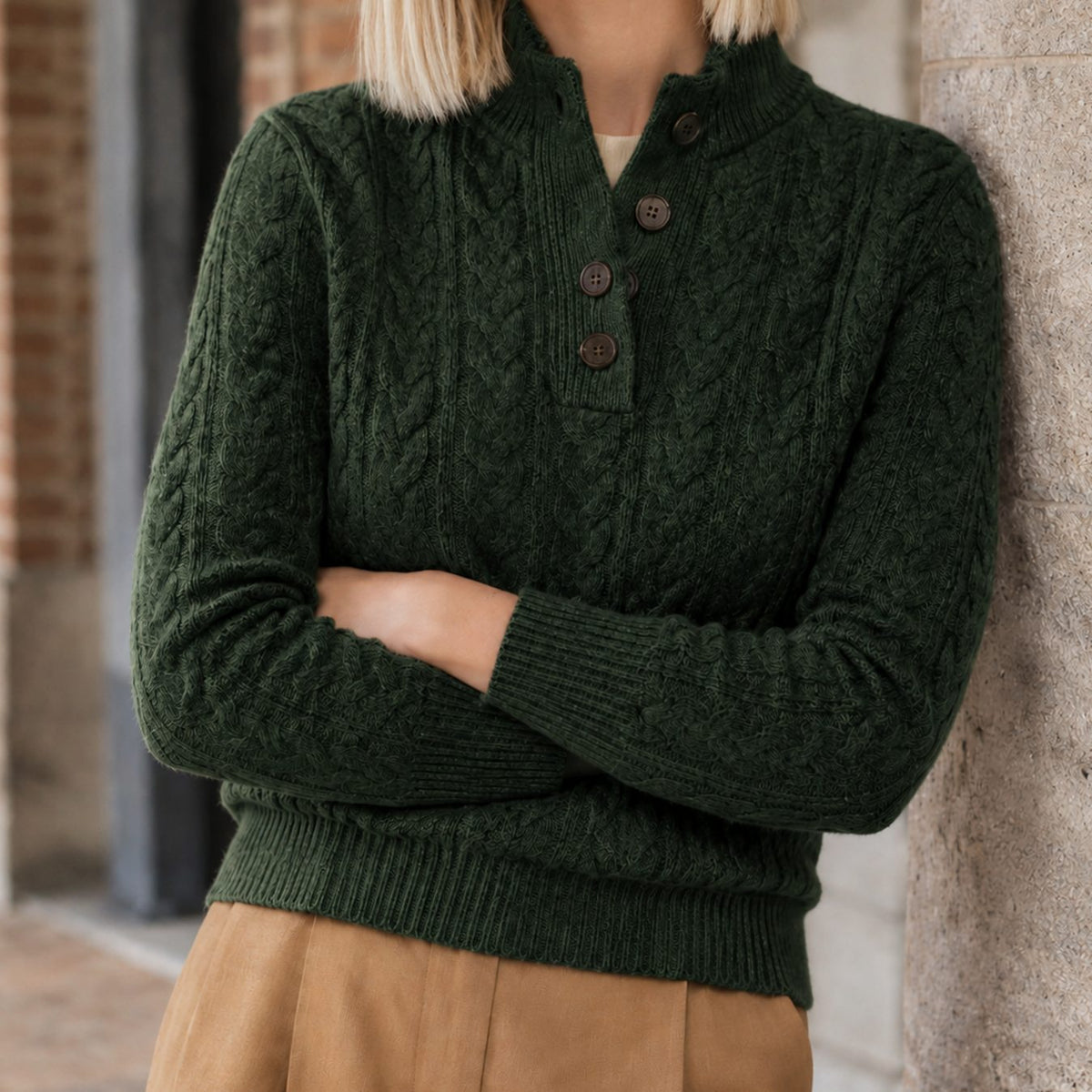 Women's Cable-Knit Cashmere Blend Buttoned Slim Jumper - Olive