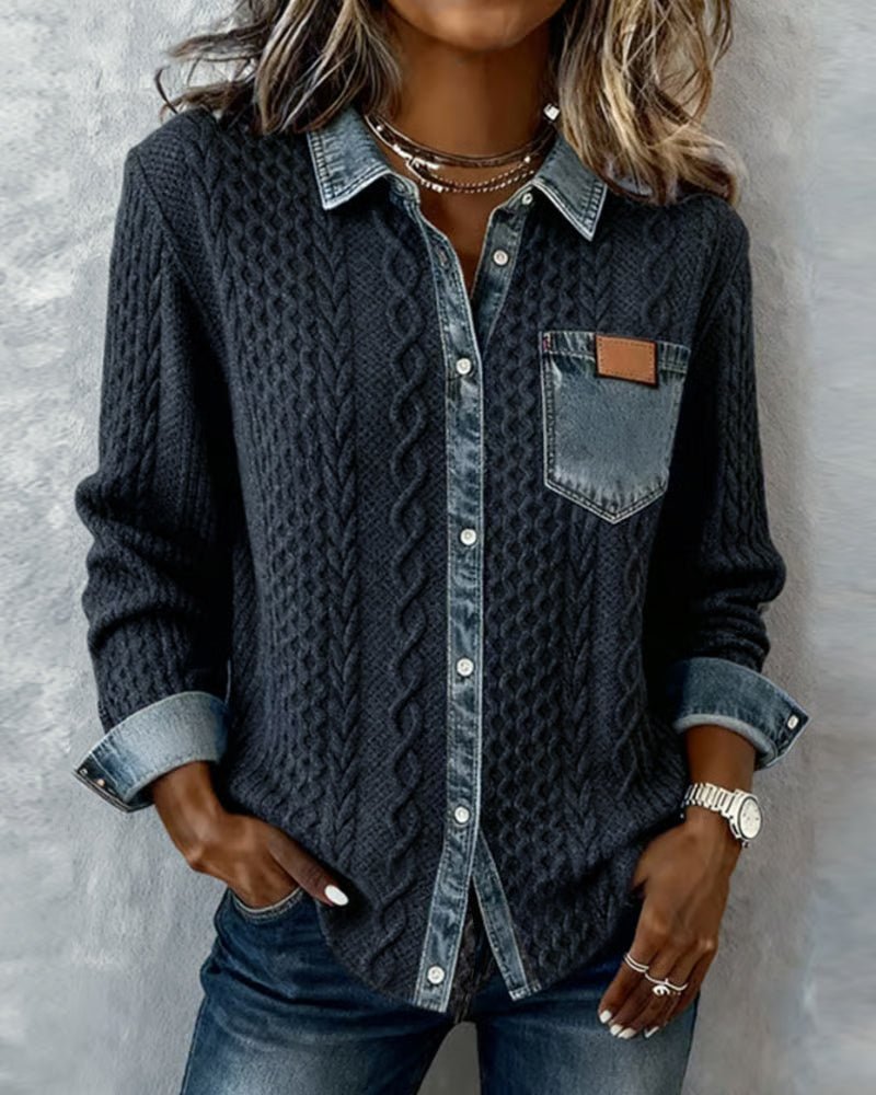 Women's Cable-Knit Denim Patchwork Long-Sleeve Button-Up Shirt - Dark Blue