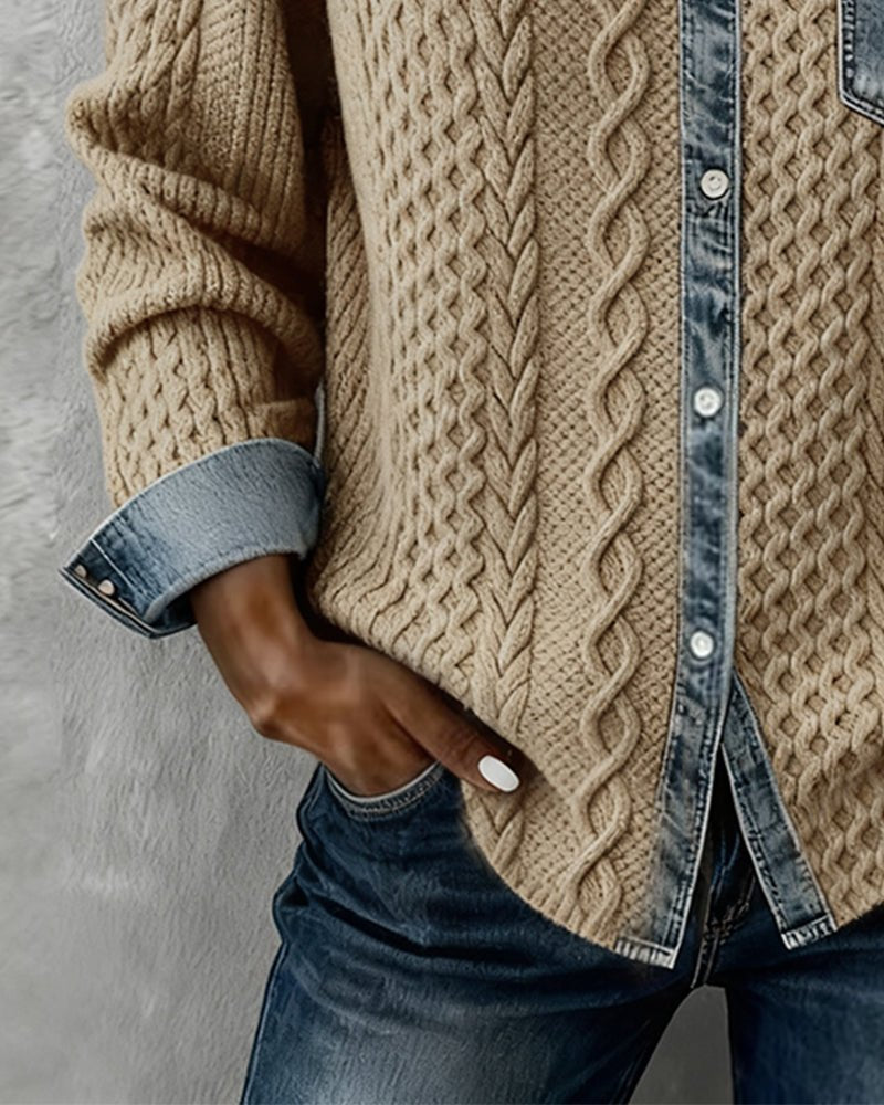 Women's Cable-Knit Denim Patchwork Long-Sleeve Button-Up Shirt