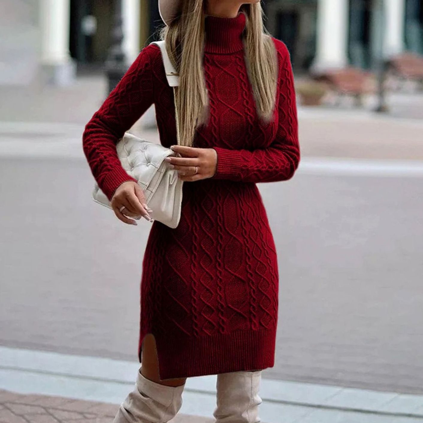Women's Cable-Knit Long Sleeve Midi Turtleneck Dress - Burgundy