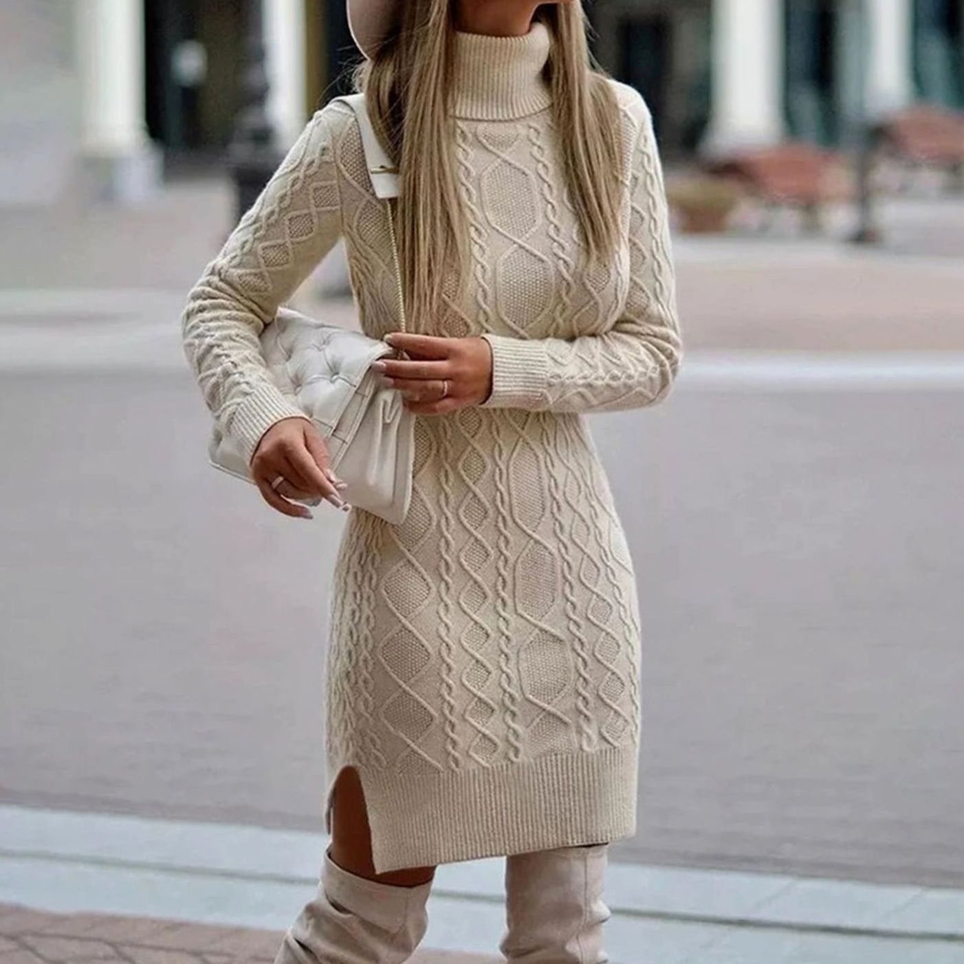 Women's Cable-Knit Long Sleeve Midi Turtleneck Dress - Beige