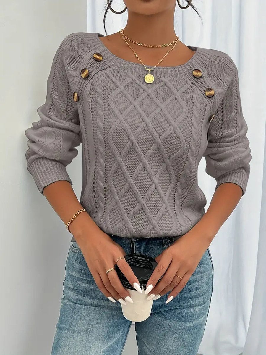 Women's Cable Knit Sweater Round Neck Button Detail Jumper - Dusty Pink Brown