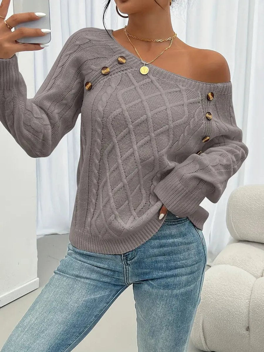 Women's Cable Knit Sweater Round Neck Button Detail Jumper