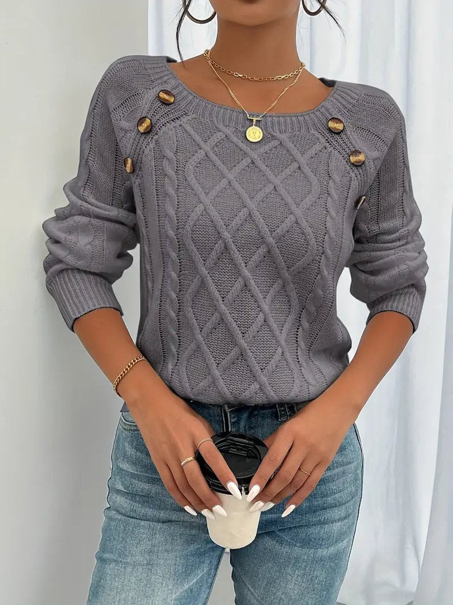 Women's Cable Knit Sweater Round Neck Button Detail Jumper - Dark Grey