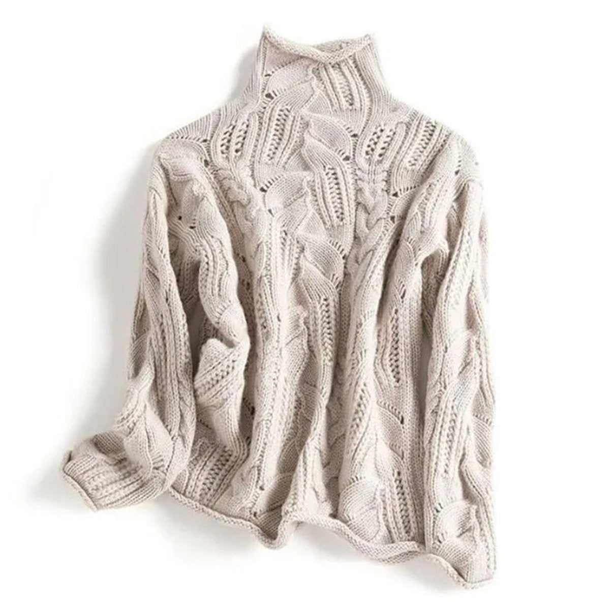 Women's Cable Knit Sweater Turtleneck Loose Fit Pullover Jumper - Beige