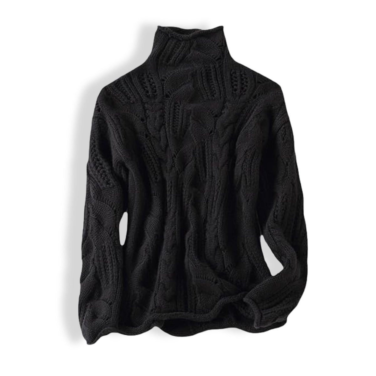 Women's Cable Knit Sweater Turtleneck Loose Fit Pullover Jumper - Black