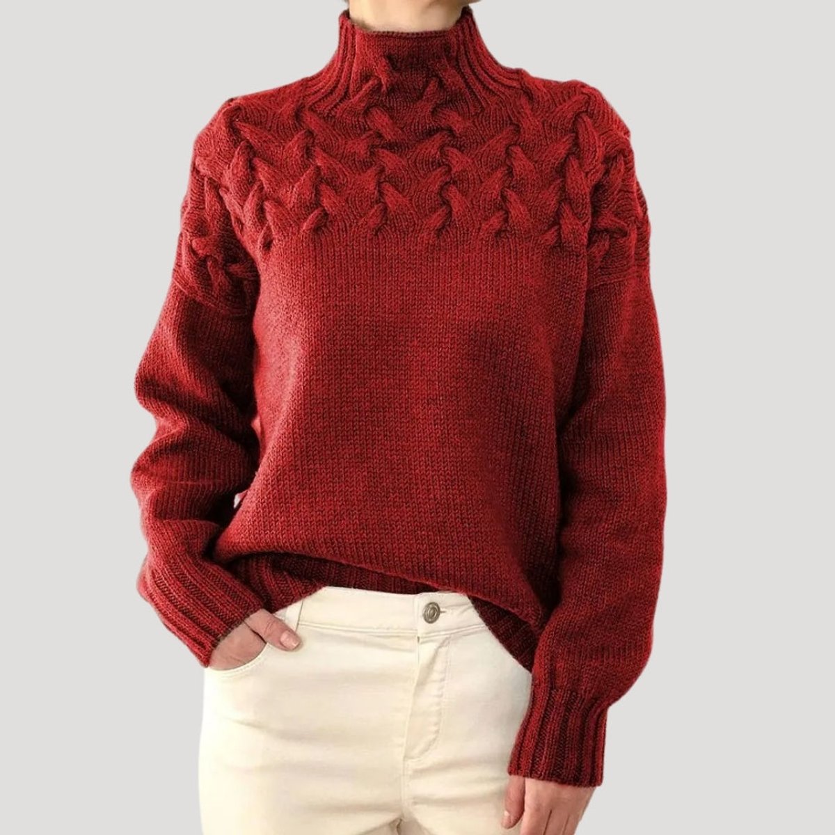 Women's Cable Knit Turtleneck Jumper Sweater - Red