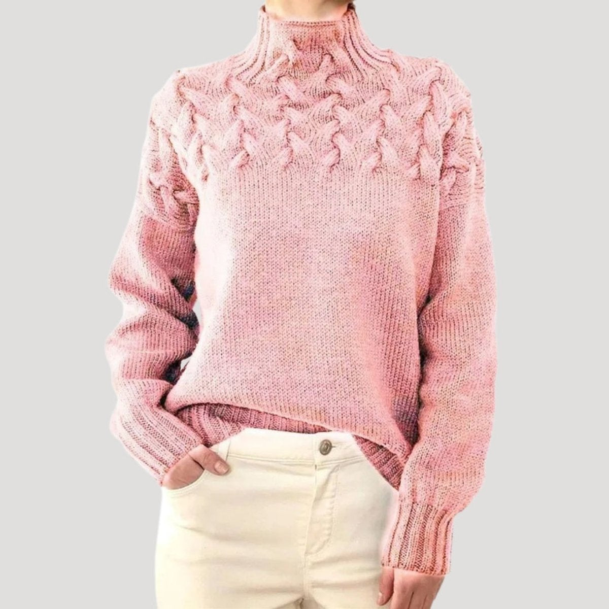 Women's Cable Knit Turtleneck Jumper Sweater - Light Pink