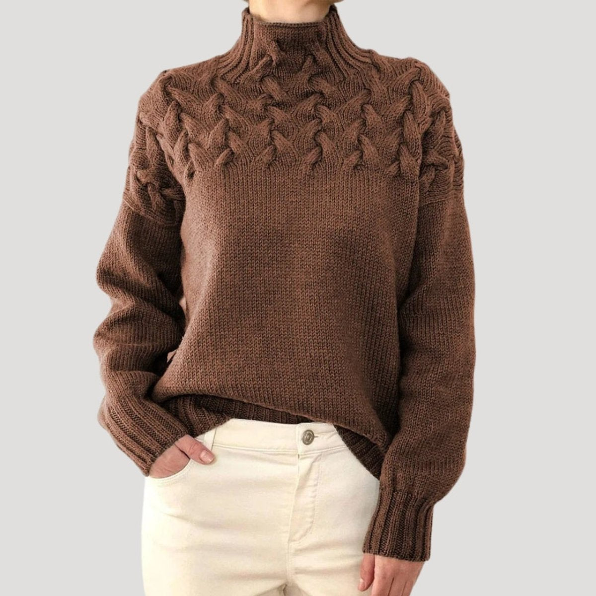 Women's Cable Knit Turtleneck Jumper Sweater - Brown