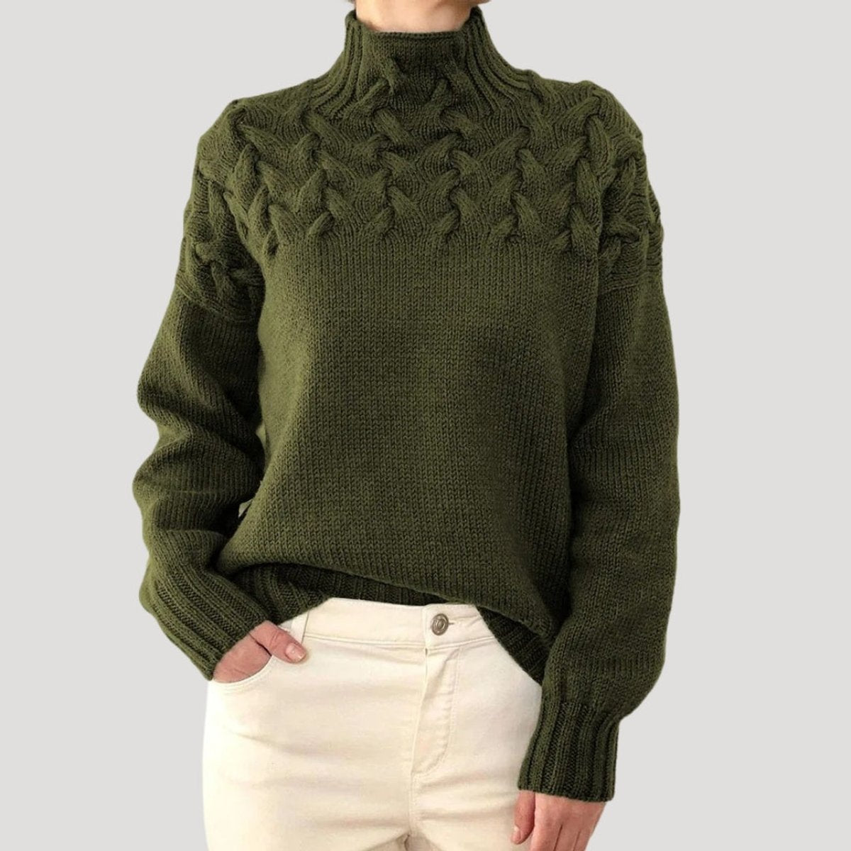 Women's Cable Knit Turtleneck Jumper Sweater - Dark Green