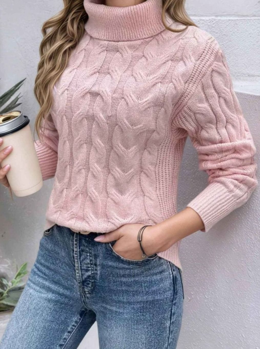 Women's Cable-Knit Turtleneck Long Sleeve Jumper - Light Pink