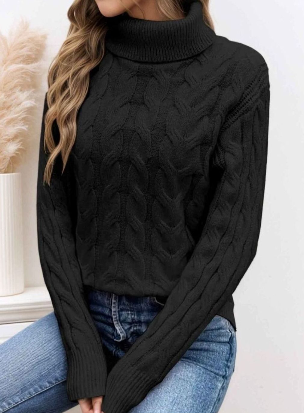 Women's Cable-Knit Turtleneck Long Sleeve Jumper - Black