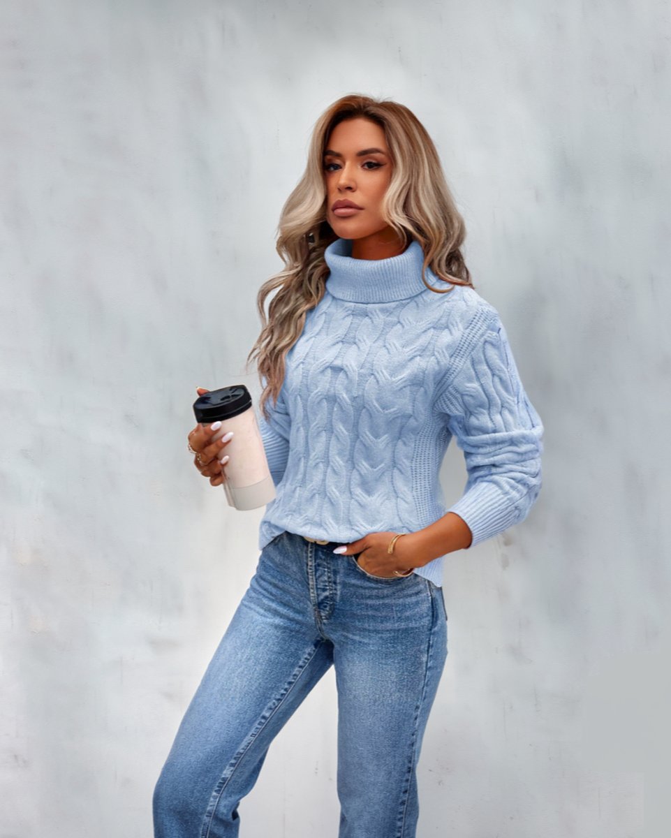 Women's Cable Knit Turtleneck Sweater Long Sleeve Jumper - Blue