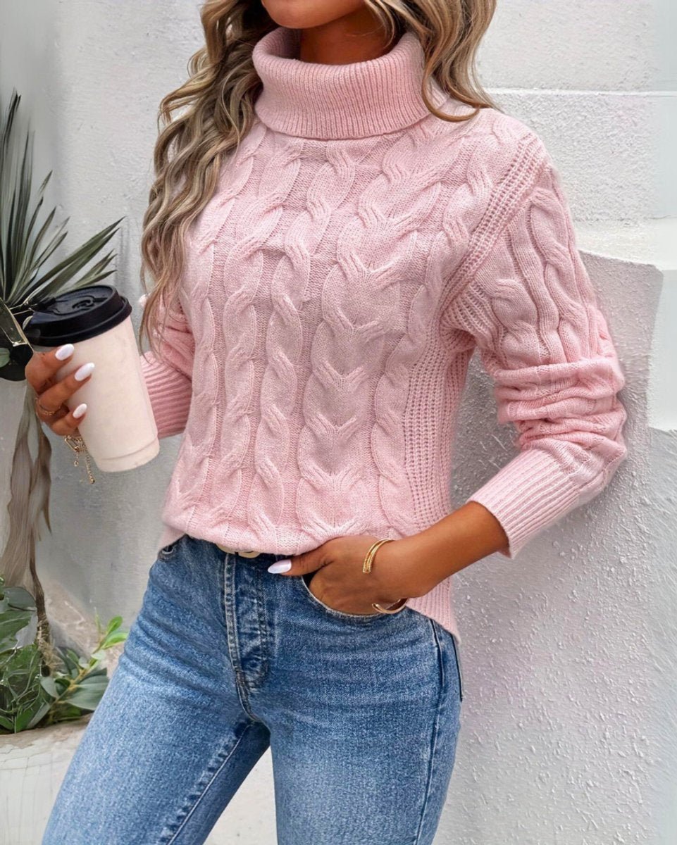Women's Cable Knit Turtleneck Sweater Long Sleeve Jumper - Pink