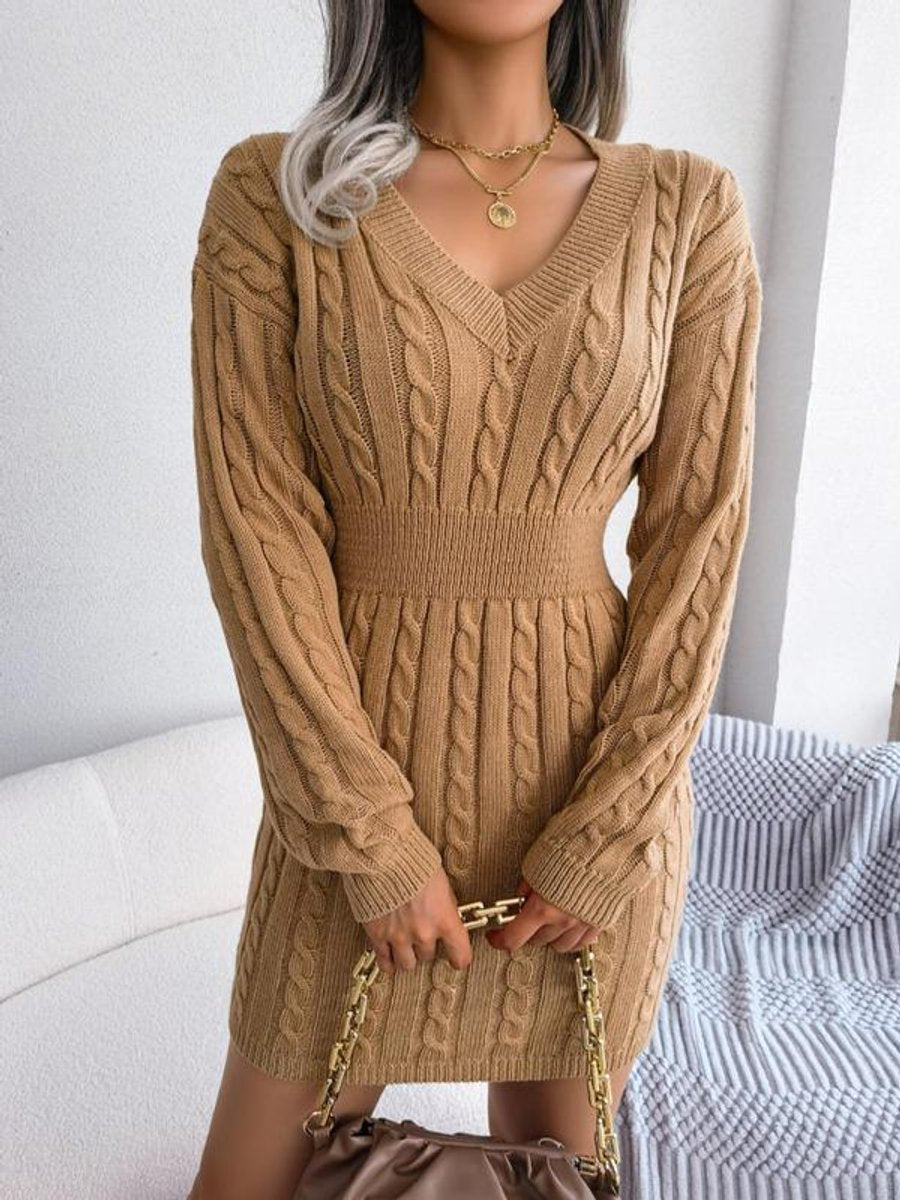Women's Cable-Knit V-Neck Long Sleeve Formal Dresses Bodycon Mini - Khaki