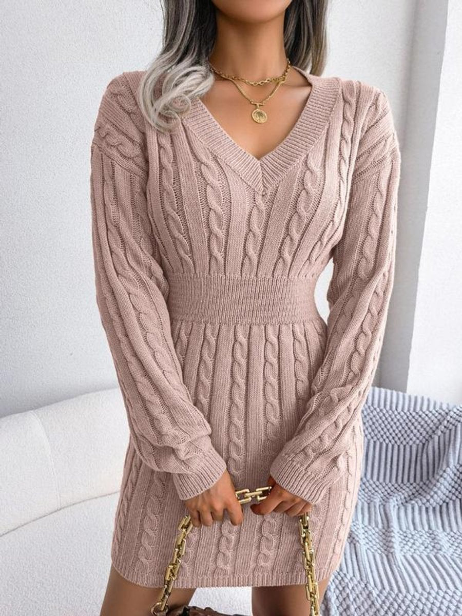 Women's Cable-Knit V-Neck Long Sleeve Formal Dresses Bodycon Mini - Pink