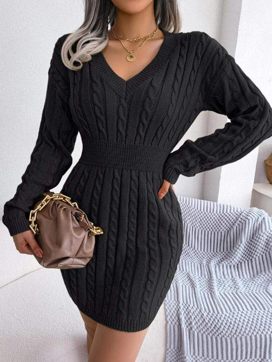 Women's Cable-Knit V-Neck Long Sleeve Formal Dresses Bodycon Mini - Black