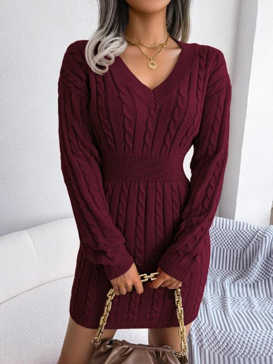 Women's Cable-Knit V-Neck Long Sleeve Formal Dresses Bodycon Mini - Burgundy