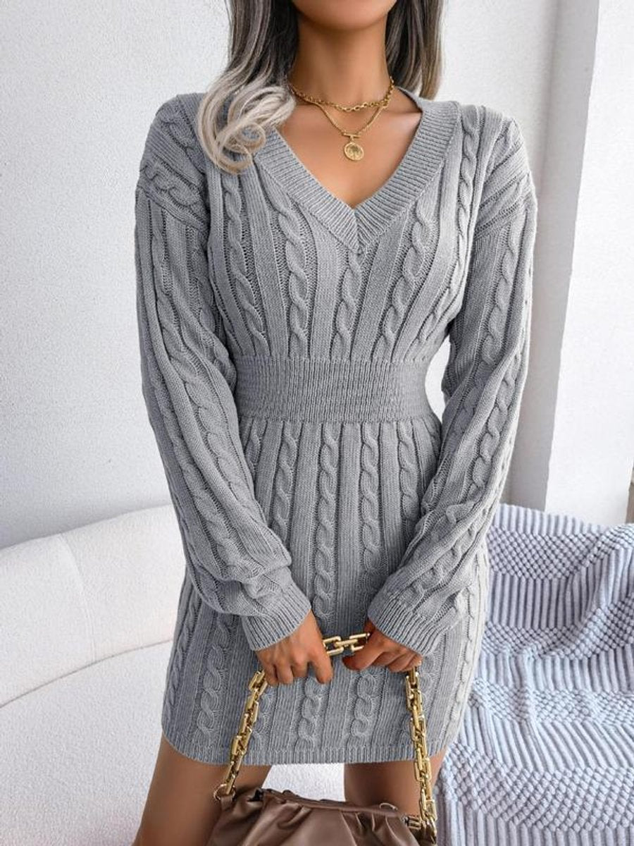 Women's Cable-Knit V-Neck Long Sleeve Formal Dresses Bodycon Mini - Grey