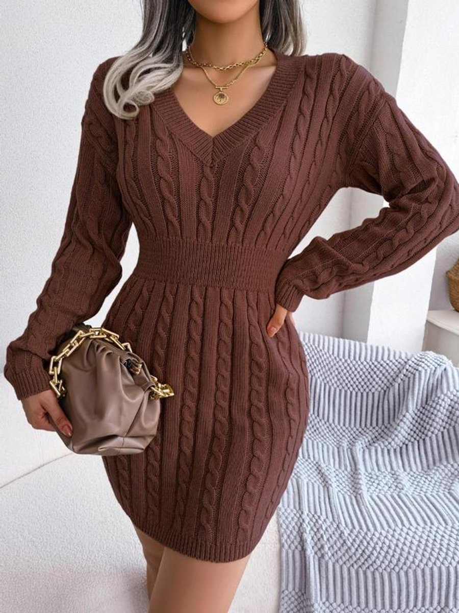 Women's Cable-Knit V-Neck Long Sleeve Formal Dresses Bodycon Mini - Coffee Brown