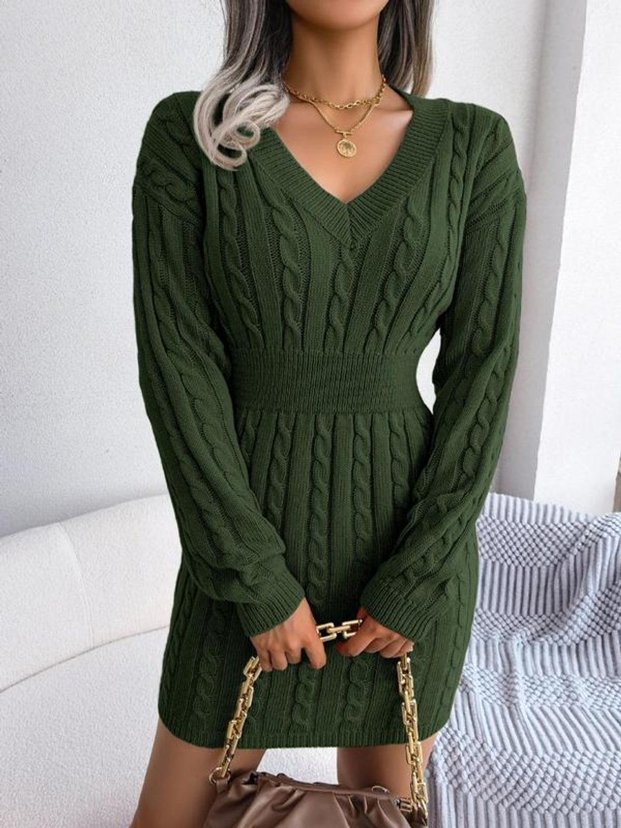 Women's Cable-Knit V-Neck Long Sleeve Formal Dresses Bodycon Mini - Army Green