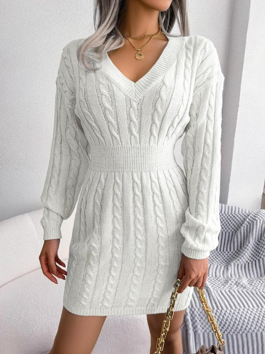 Women's Cable-Knit V-Neck Long Sleeve Formal Dresses Bodycon Mini - Off White
