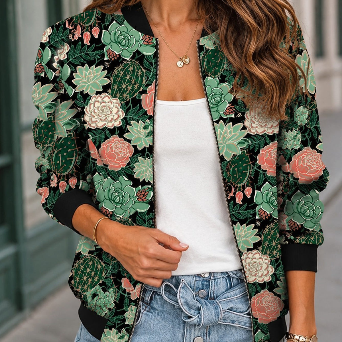 Women's Cactus Print Relaxed-Fit Zip-Up Bomber Jacket - Green
