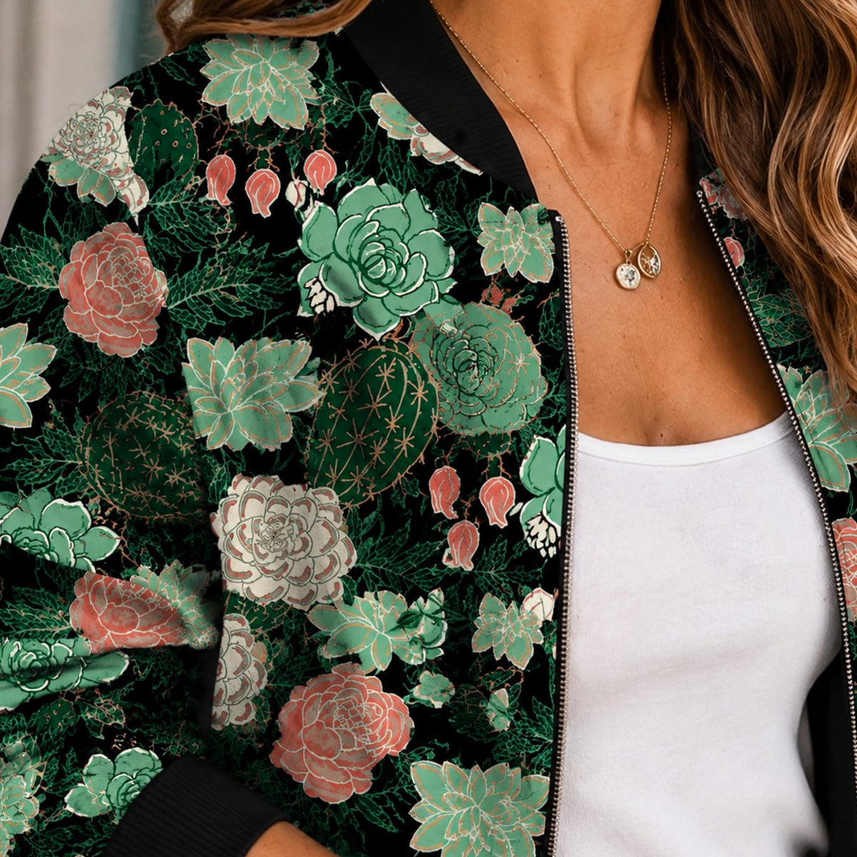 Women's Cactus Print Relaxed-Fit Zip-Up Bomber Jacket